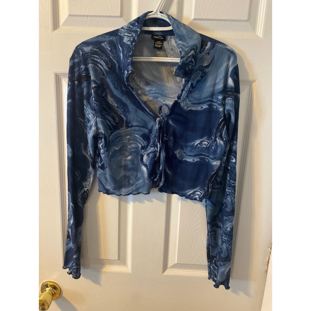 Rue21 Blue Marble Swirl Ribbed Long Sleeve Tie Front Crop Top Large